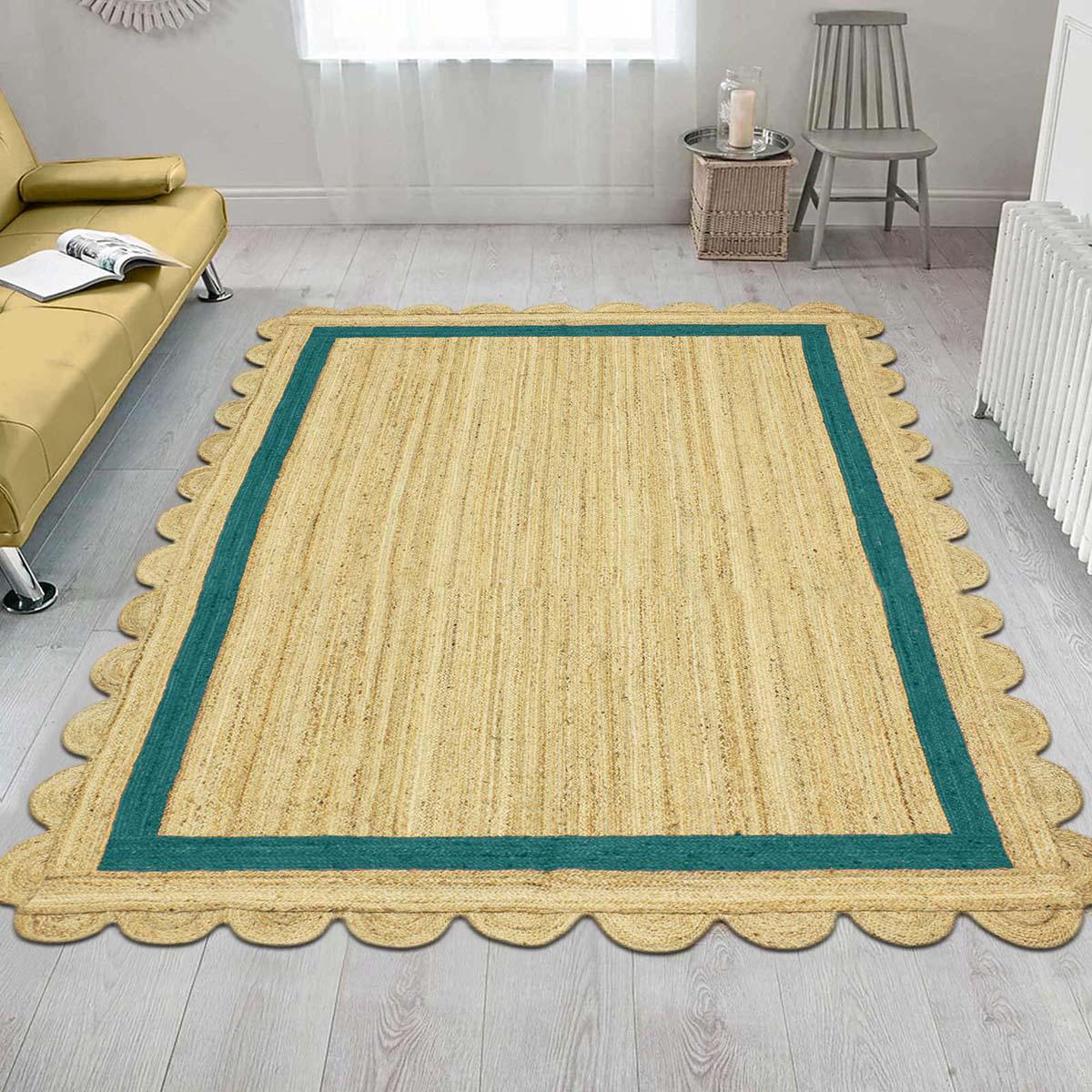 Geometric Hand Braded Beige Teal Green Living Room Jute Rug - Indian Rug Store