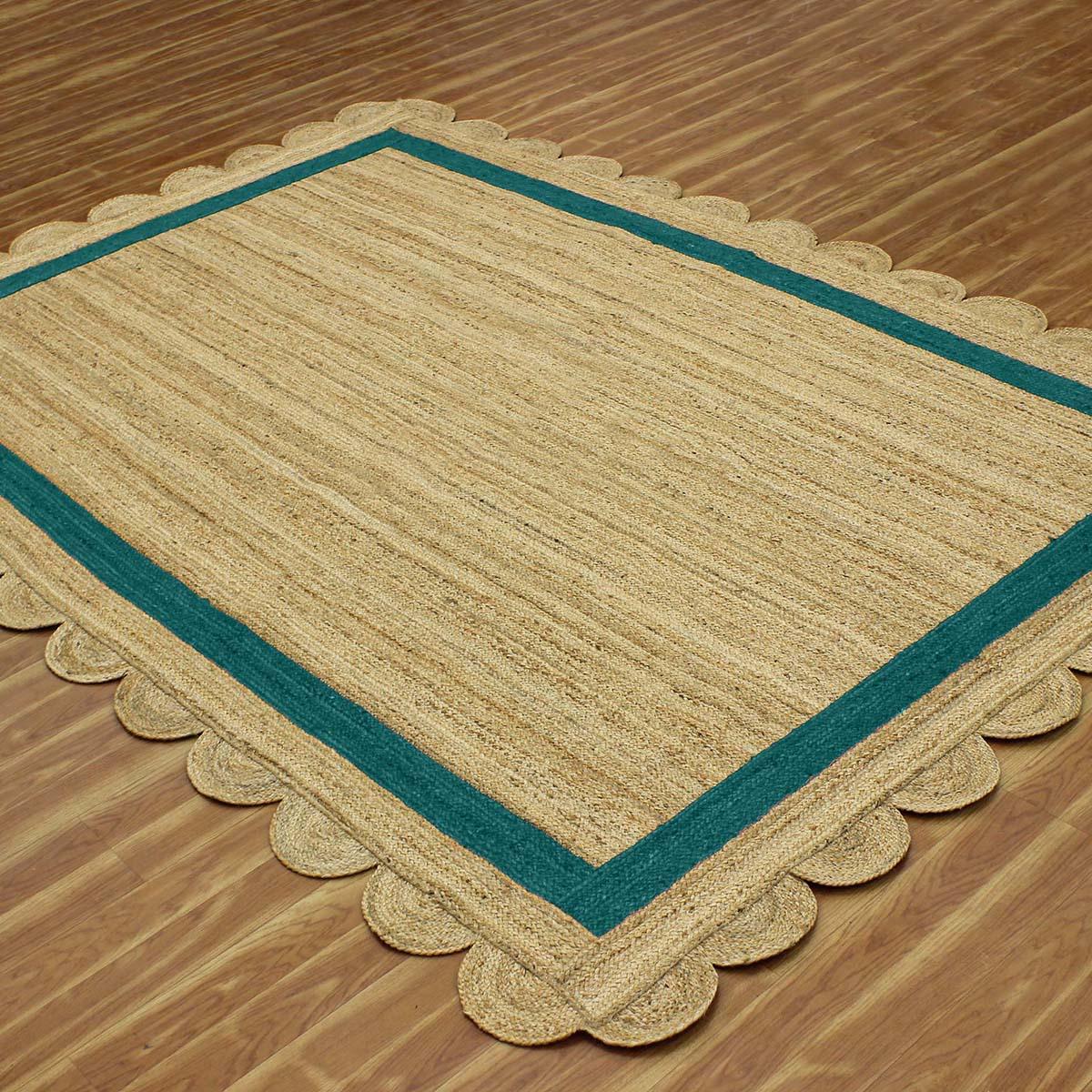 Geometric Hand Braded Beige Teal Green Living Room Jute Rug - Indian Rug Store