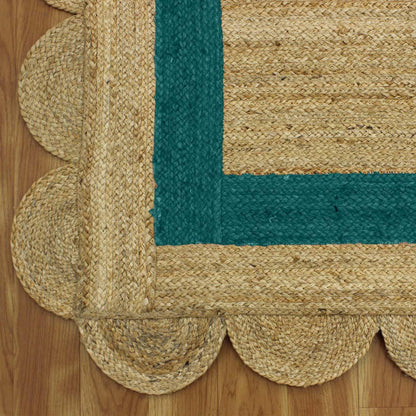 Geometric Hand Braded Beige Teal Green Living Room Jute Rug - Indian Rug Store