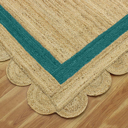 Geometric Hand Braded Beige Teal Green Living Room Jute Rug - Indian Rug Store