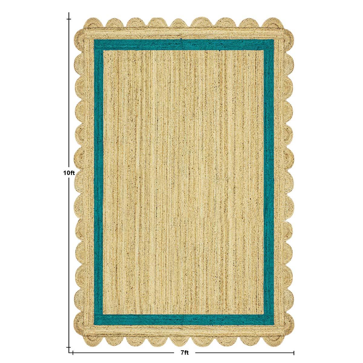 Geometric Hand Braded Beige Teal Green Living Room Jute Rug - Indian Rug Store