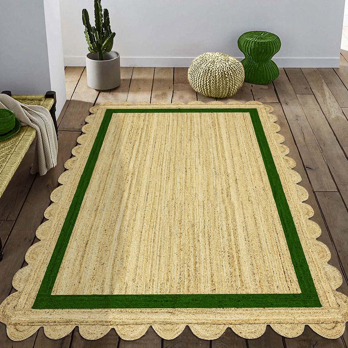 Geometric Hand Braded Beige Green Farmhouse Jute Rug - Indian Rug Store