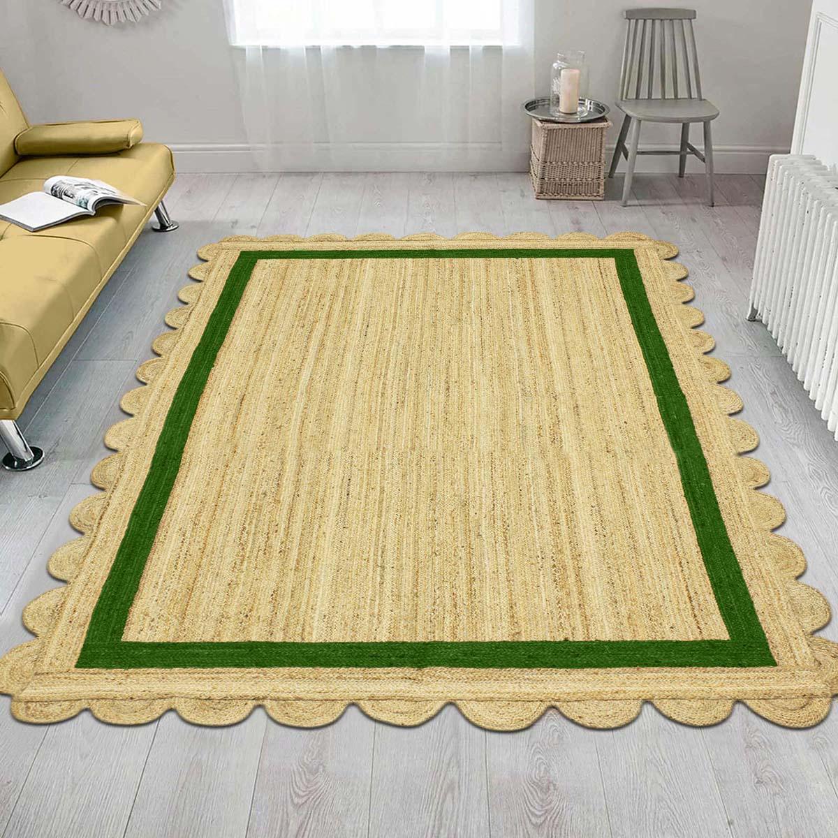 Geometric Hand Braded Beige Green Farmhouse Jute Rug - Indian Rug Store