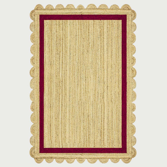 Geometric Hand Braded Beige Maroon Living Area Jute Rug - Indian Rug Store