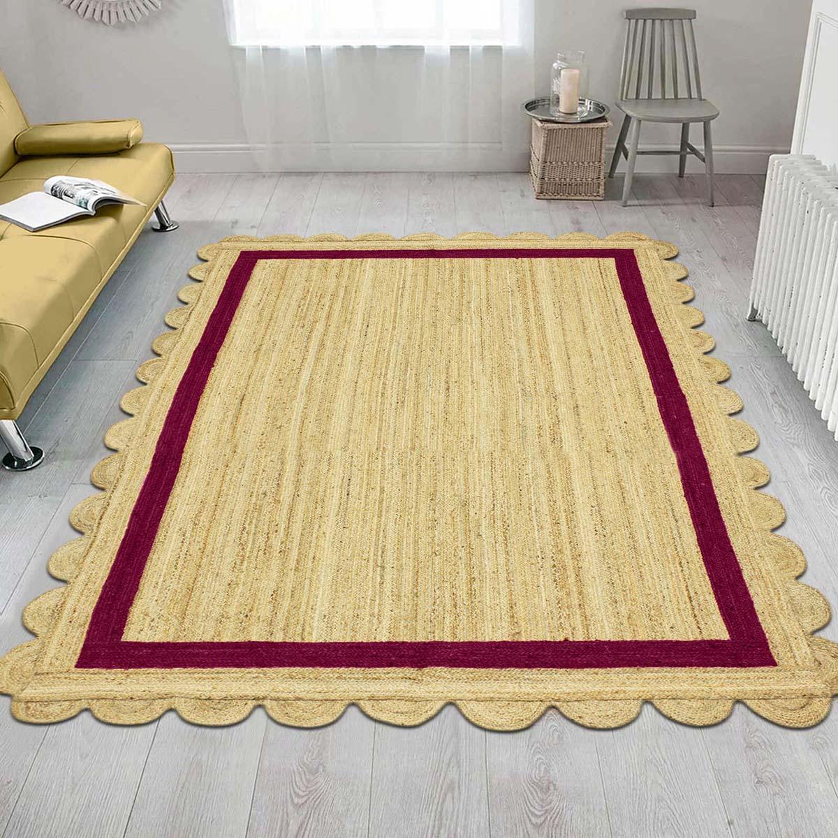 Geometric Hand Braded Beige Maroon Living Area Jute Rug - Indian Rug Store