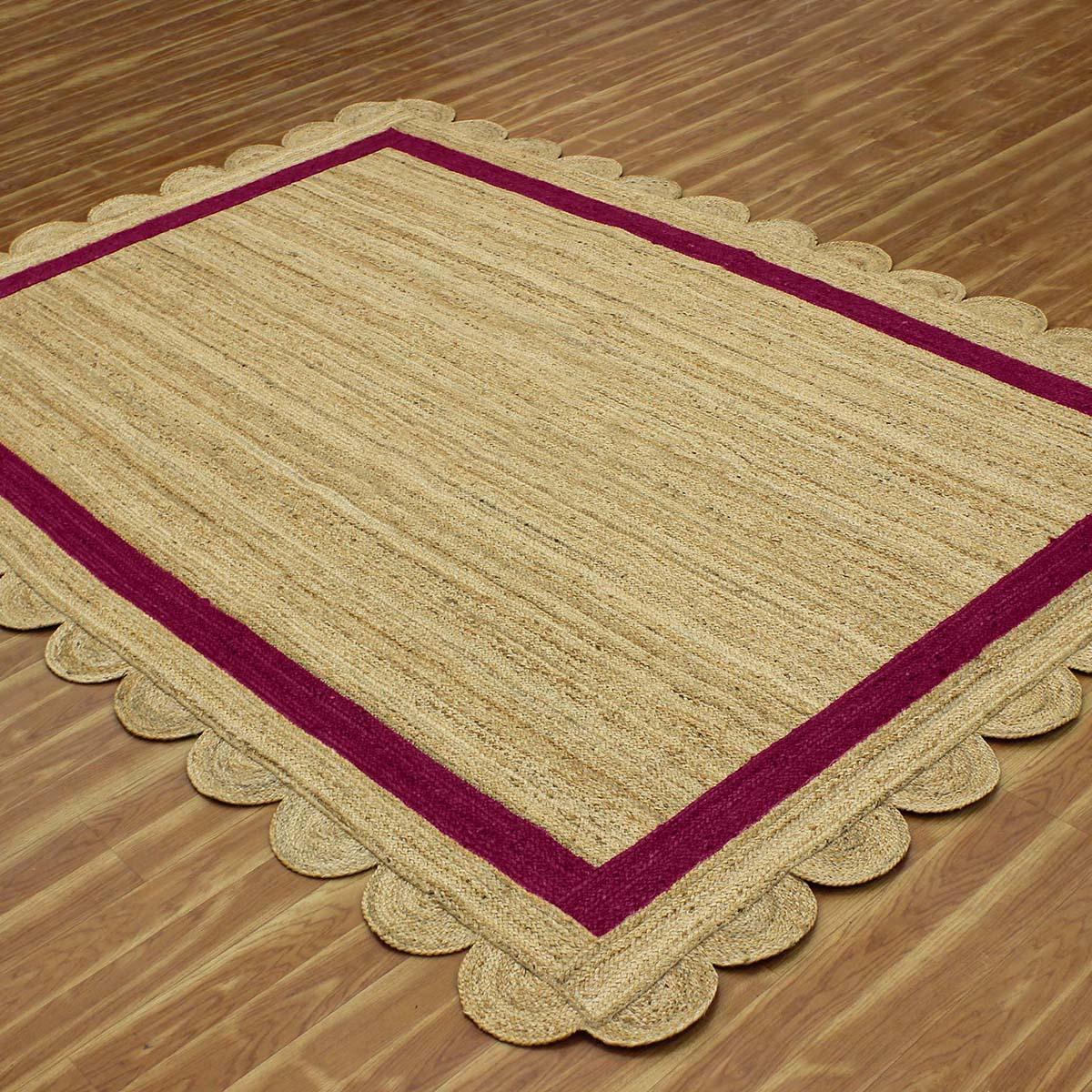 Geometric Hand Braded Beige Maroon Living Area Jute Rug - Indian Rug Store