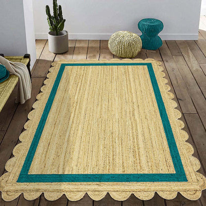 Hand Braided Geometric Beige Teal Blue Home Decor Jute Rug - Indian Rug Store