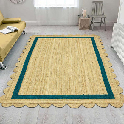 Hand Braided Geometric Beige Teal Blue Home Decor Jute Rug - Indian Rug Store