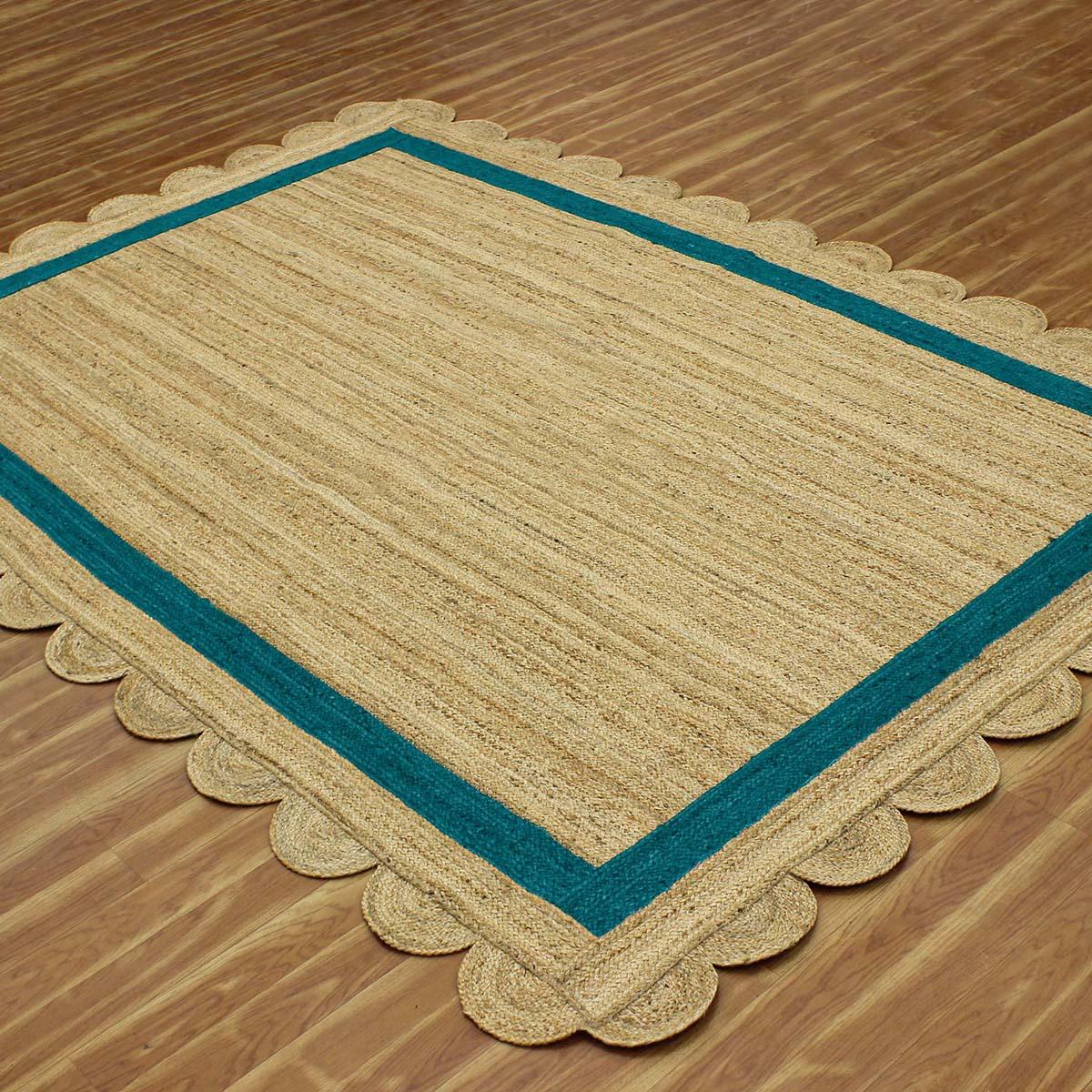 Hand Braided Geometric Beige Teal Blue Home Decor Jute Rug - Indian Rug Store