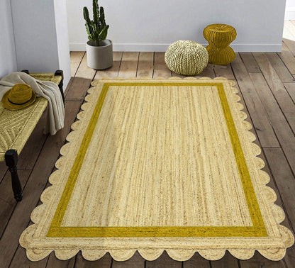 Geometric Hand Braided Beige Yellow Hallway Runner Jute Rug - Indian Rug Store