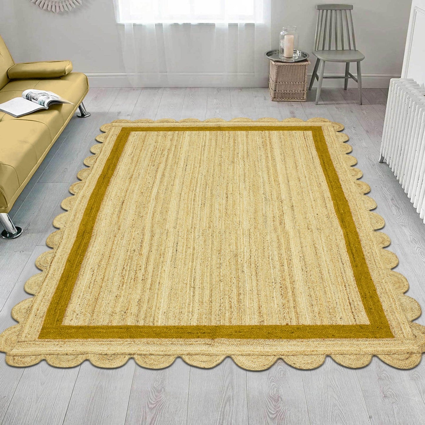 Geometric Hand Braided Beige Yellow Hallway Runner Jute Rug - Indian Rug Store