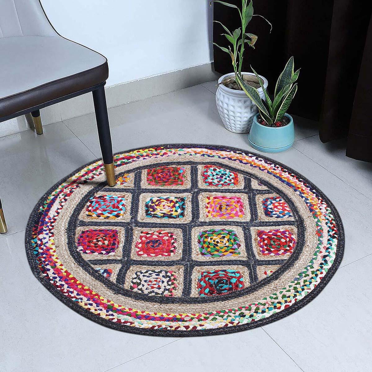 Hand Braided Home Decor Beige Multi-colour Geometric Jute Rug - Indian Rug Store