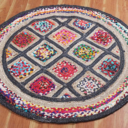 Hand Braided Home Decor Beige Multi-colour Geometric Jute Rug - Indian Rug Store