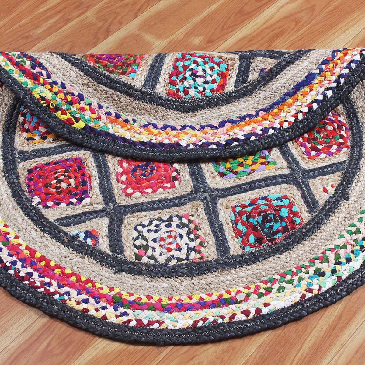 Hand Braided Home Decor Beige Multi-colour Geometric Jute Rug - Indian Rug Store