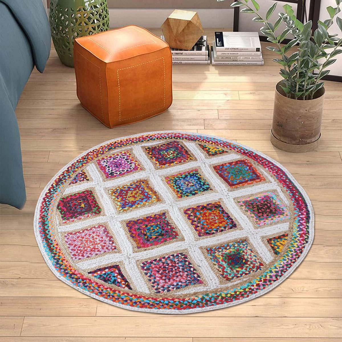 Multicolour Hand Braided Home Decor Geometric Jute Rug - Indian Rug Store