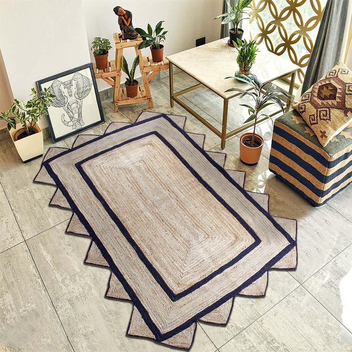 Hand Braided Geeometric Beige Black Hallway Runner Jute Rug - Indian Rug Store