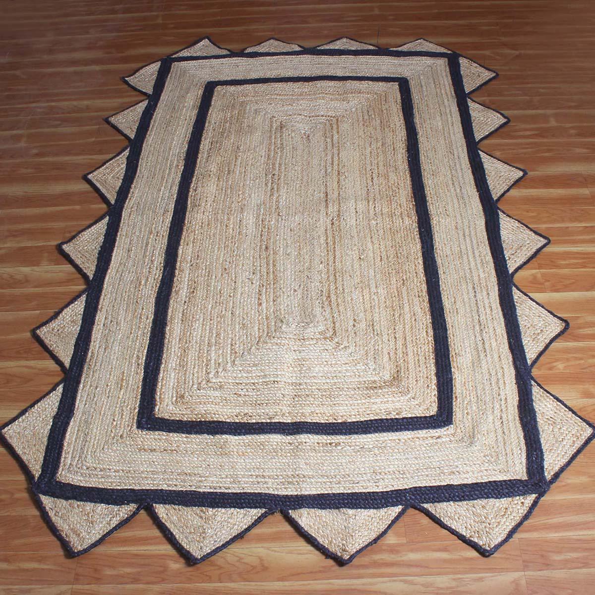 Hand Braided Geeometric Beige Black Hallway Runner Jute Rug - Indian Rug Store