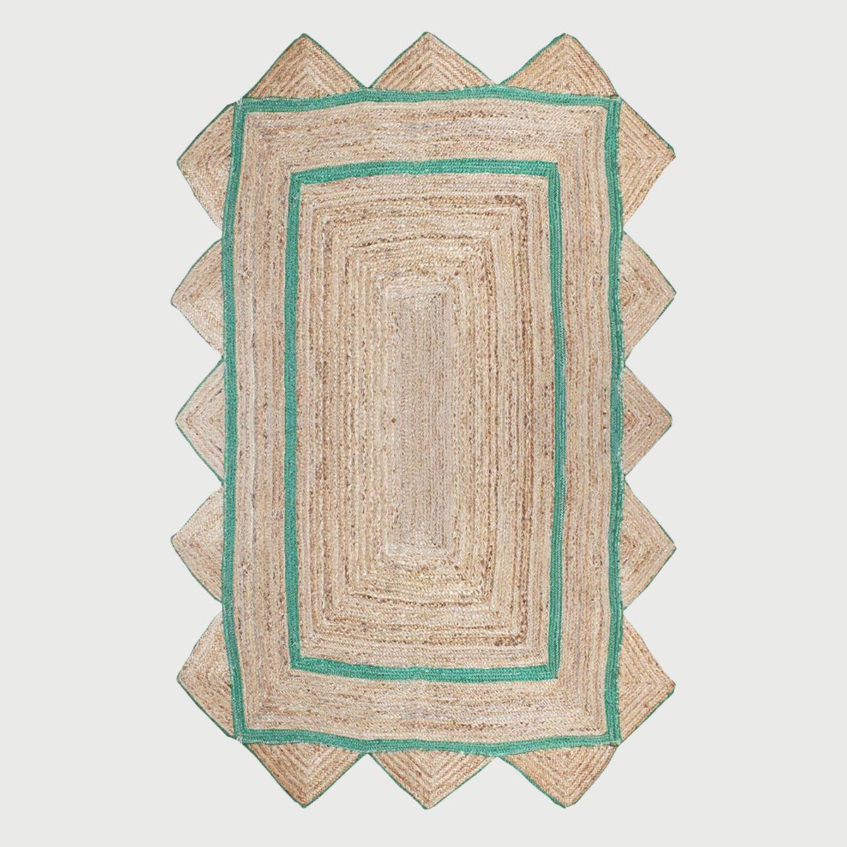 Geometric Hand Braded Beige Green Living Room Jute Rug - Indian Rug Store