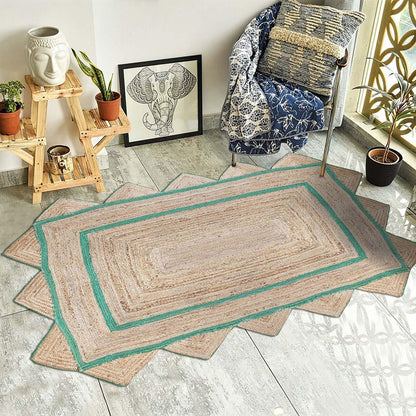 Geometric Hand Braded Beige Green Living Room Jute Rug - Indian Rug Store