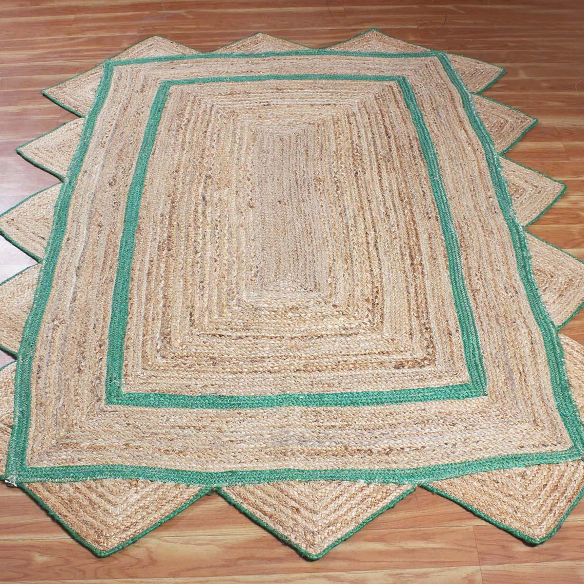 Geometric Hand Braded Beige Green Living Room Jute Rug - Indian Rug Store