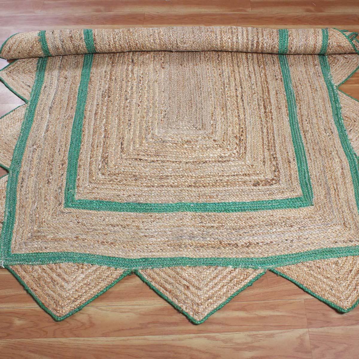 Geometric Hand Braded Beige Green Living Room Jute Rug - Indian Rug Store