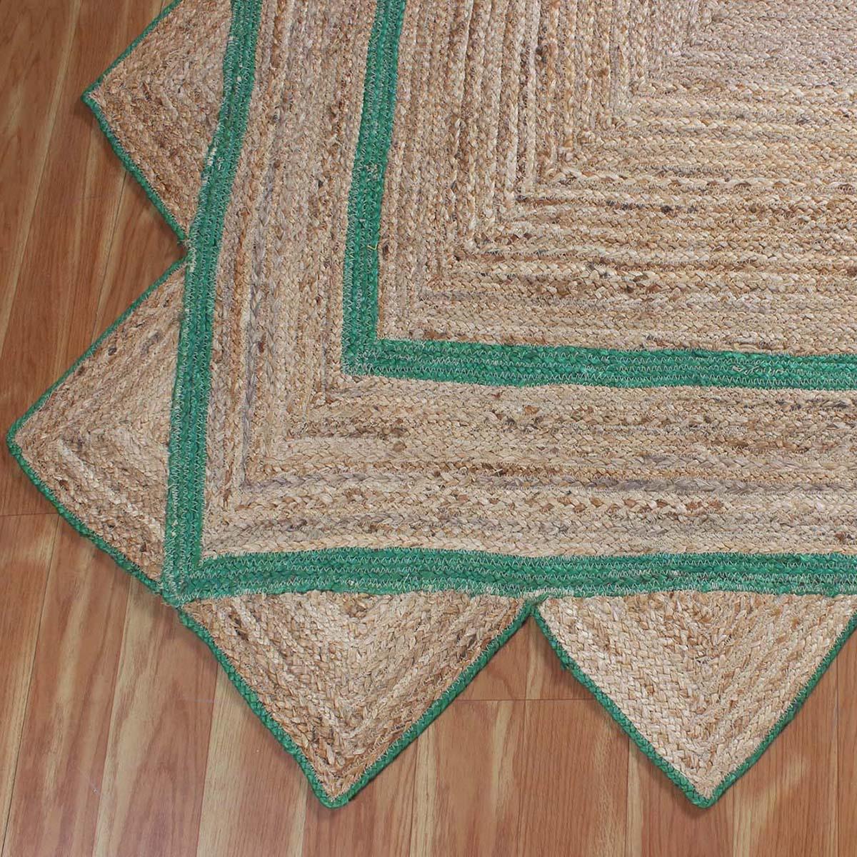 Geometric Hand Braded Beige Green Living Room Jute Rug - Indian Rug Store