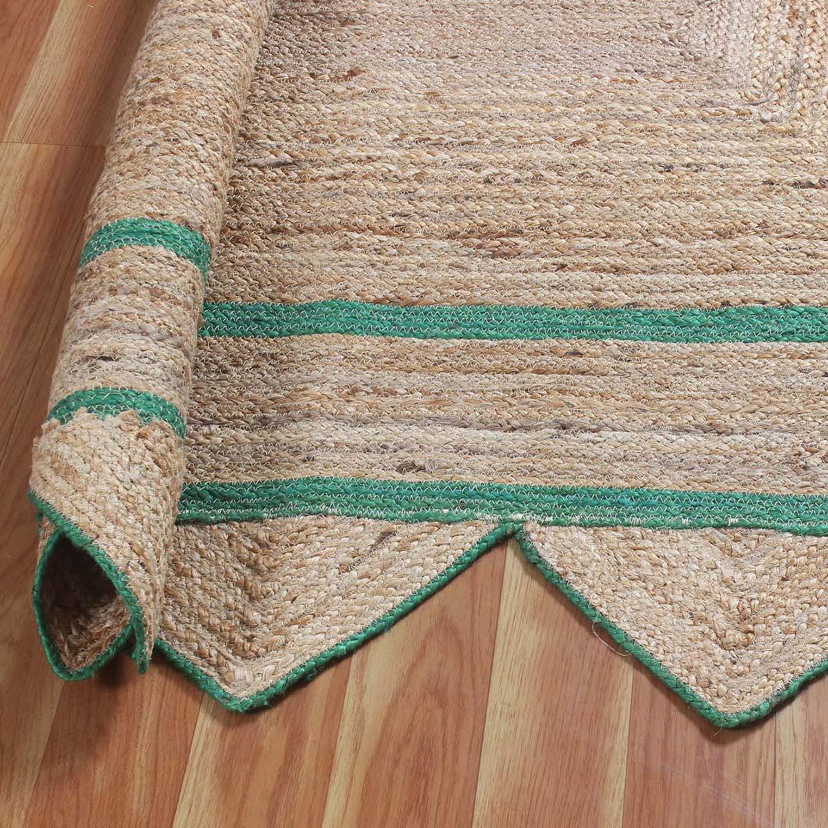 Geometric Hand Braded Beige Green Living Room Jute Rug - Indian Rug Store