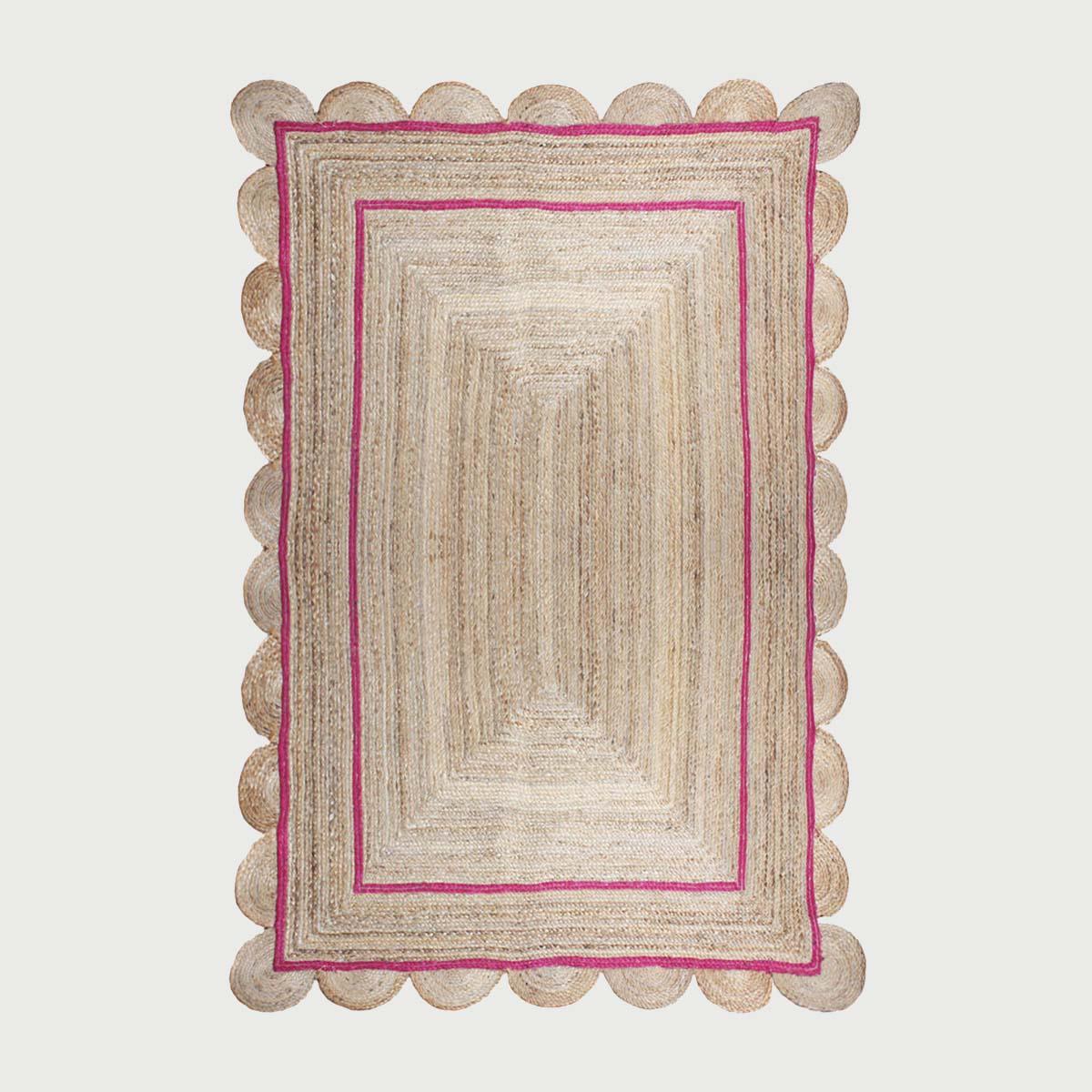 Geometric Hand Braded Beige Pink Dining Hall Jute Rug - Indian Rug Store