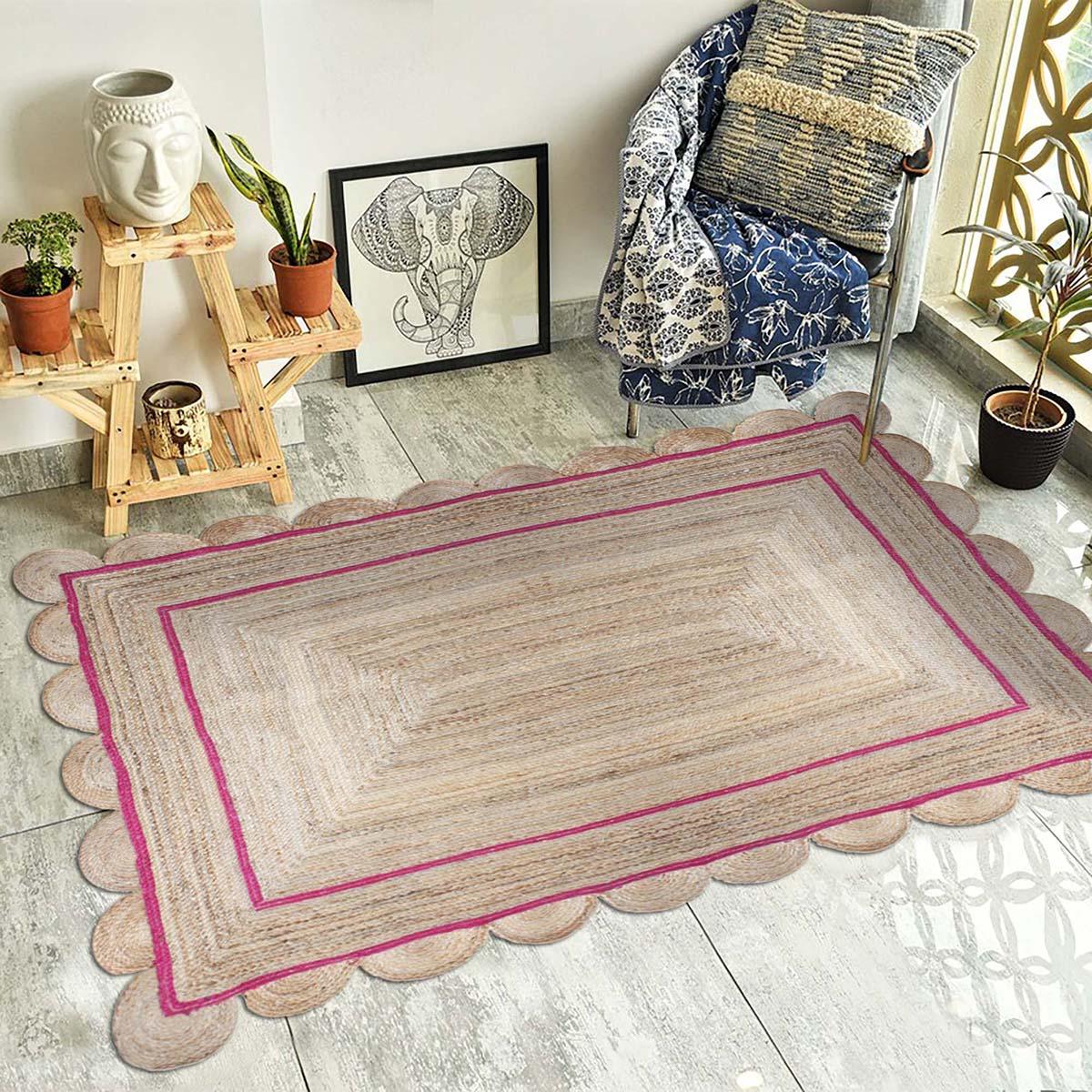 Geometric Hand Braded Beige Pink Dining Hall Jute Rug - Indian Rug Store