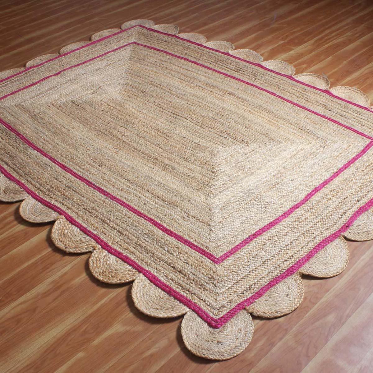 Geometric Hand Braded Beige Pink Dining Hall Jute Rug - Indian Rug Store