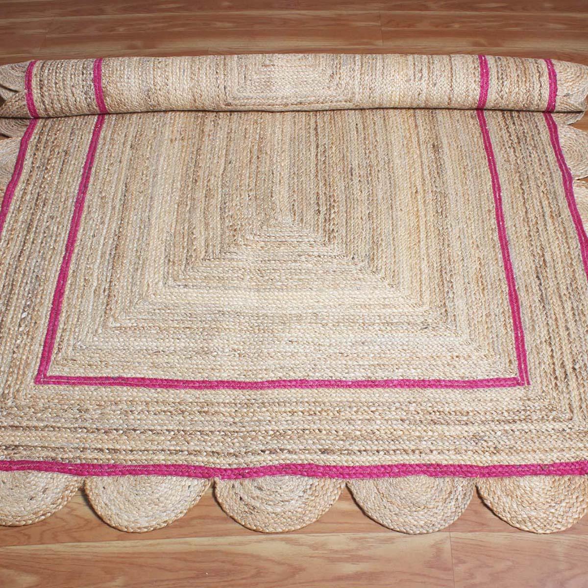 Geometric Hand Braded Beige Pink Dining Hall Jute Rug - Indian Rug Store