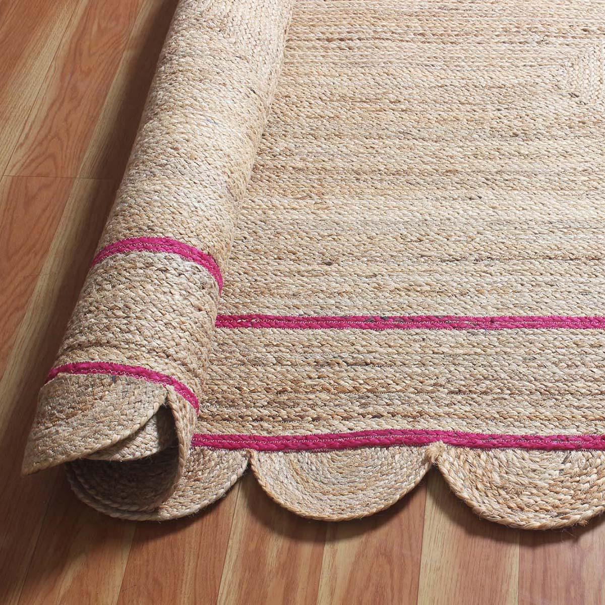 Geometric Hand Braded Beige Pink Dining Hall Jute Rug - Indian Rug Store