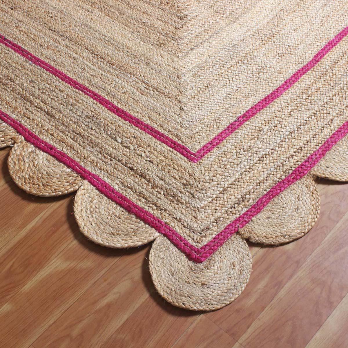 Geometric Hand Braded Beige Pink Dining Hall Jute Rug - Indian Rug Store