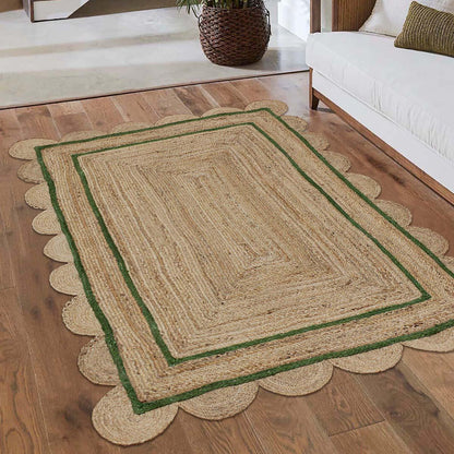 Geometric Hand Braded Beige Green Home Decor Jute Rug - Indian Rug Store