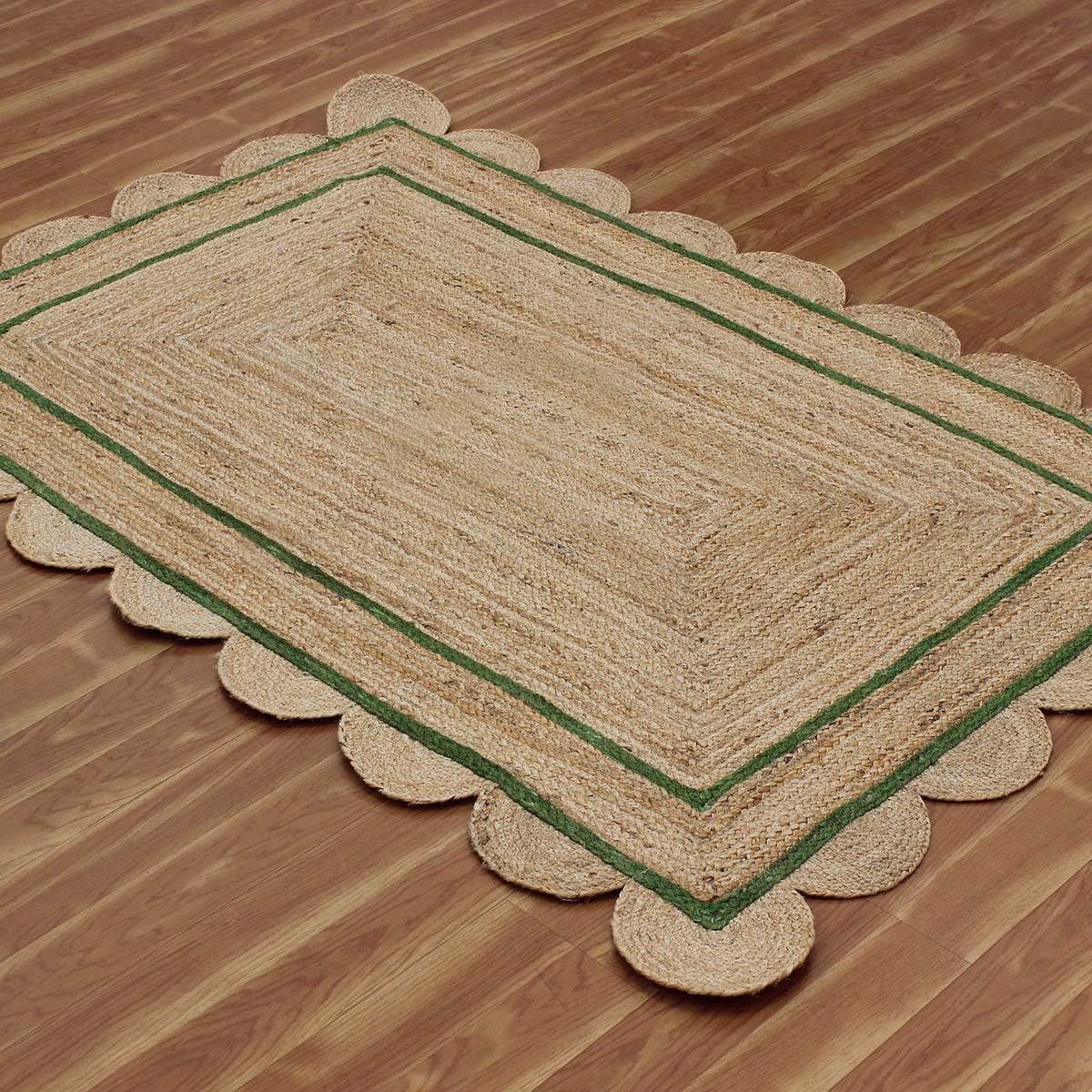 Geometric Hand Braded Beige Green Home Decor Jute Rug - Indian Rug Store