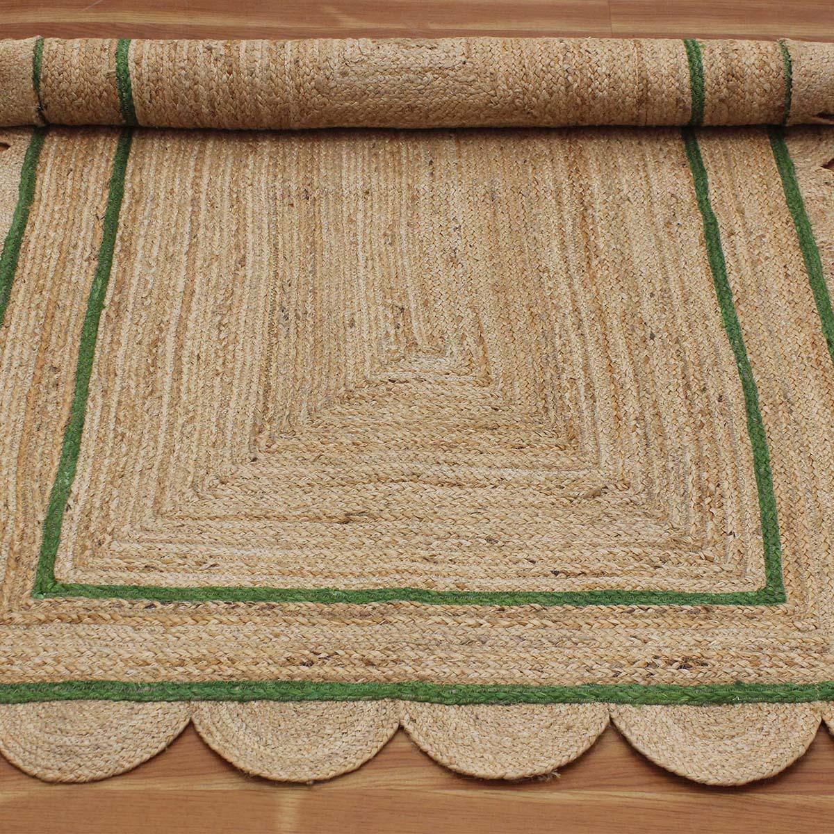 Geometric Hand Braded Beige Green Home Decor Jute Rug - Indian Rug Store