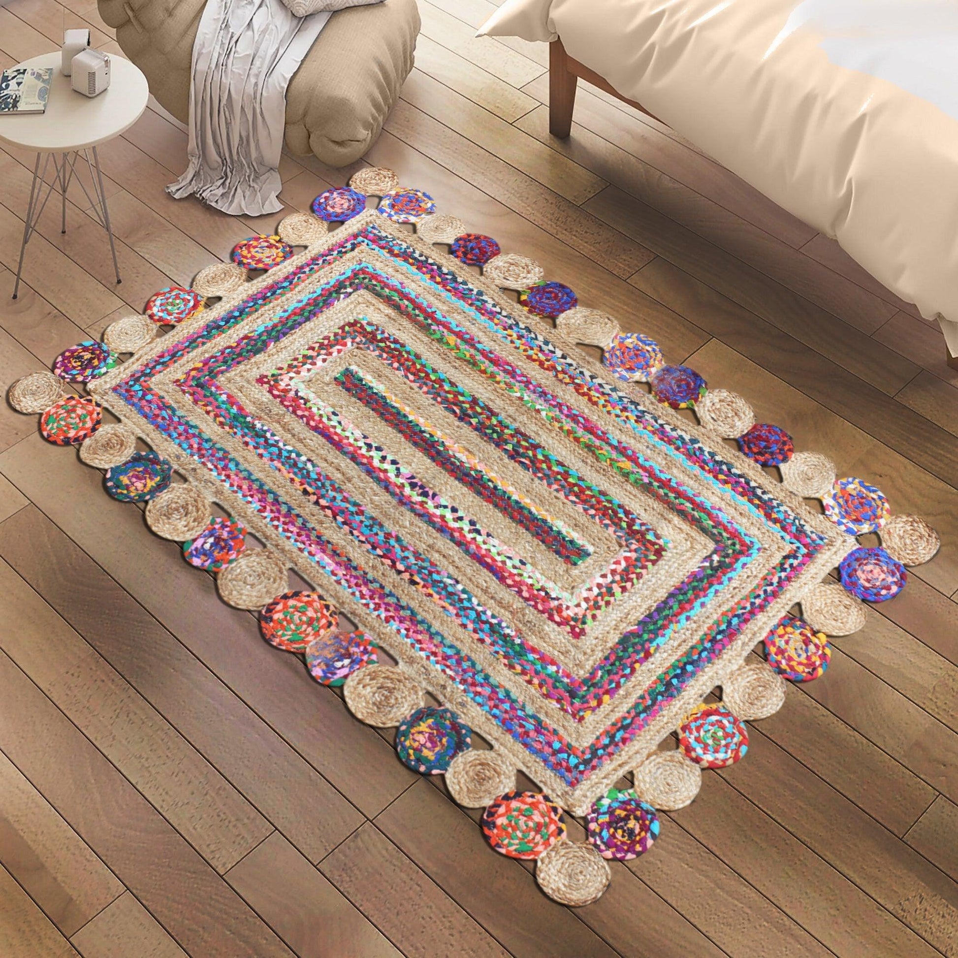 Hand Braded Geometric Beige Multicolor Home Decor Jute Rug - Indian Rug Store