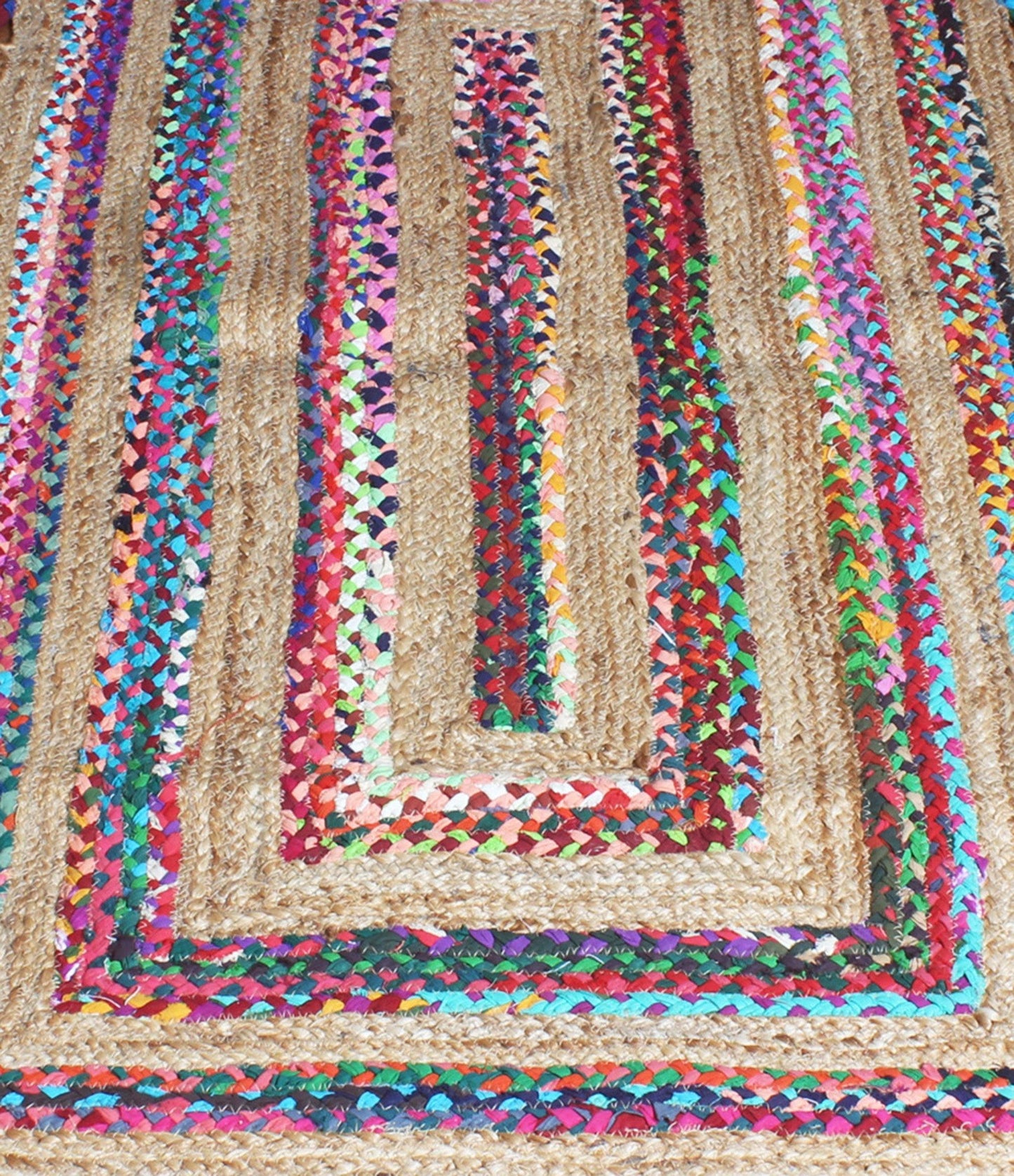 Hand Braded Geometric Beige Multicolor Home Decor Jute Rug - Indian Rug Store