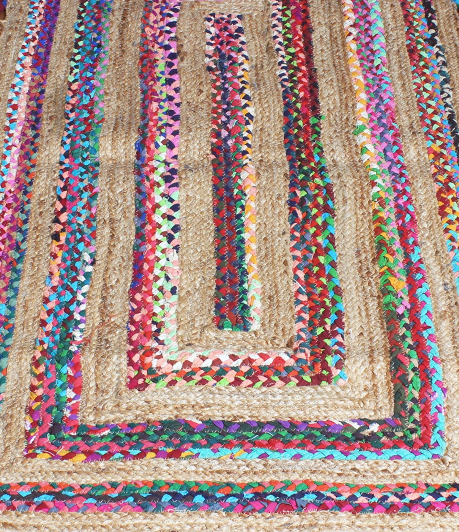 Hand Braded Geometric Beige Multicolor Home Decor Jute Rug - Indian Rug Store