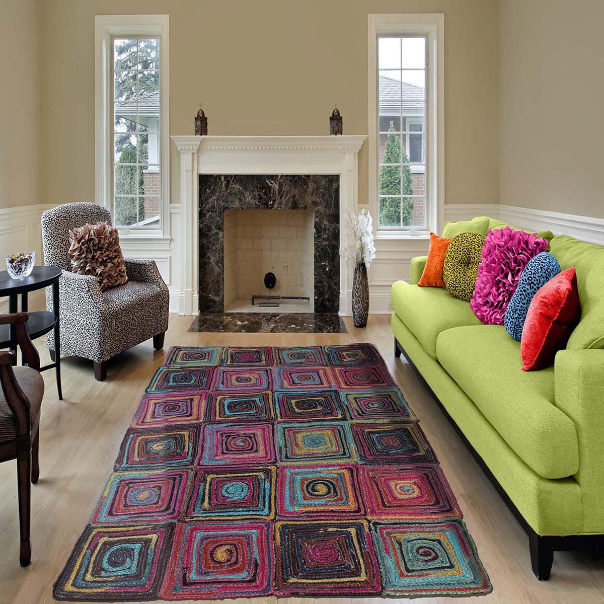 Geometric Hand Braded Multicolor Farmhouse Jute Rug - Indian Rug Store