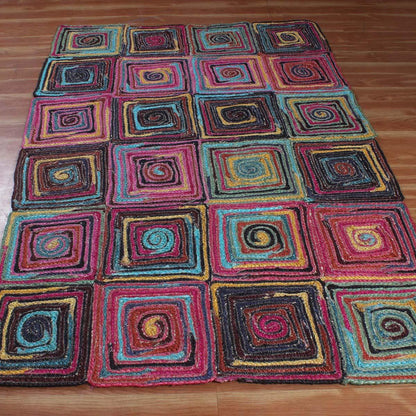 Geometric Hand Braded Multicolor Farmhouse Jute Rug - Indian Rug Store