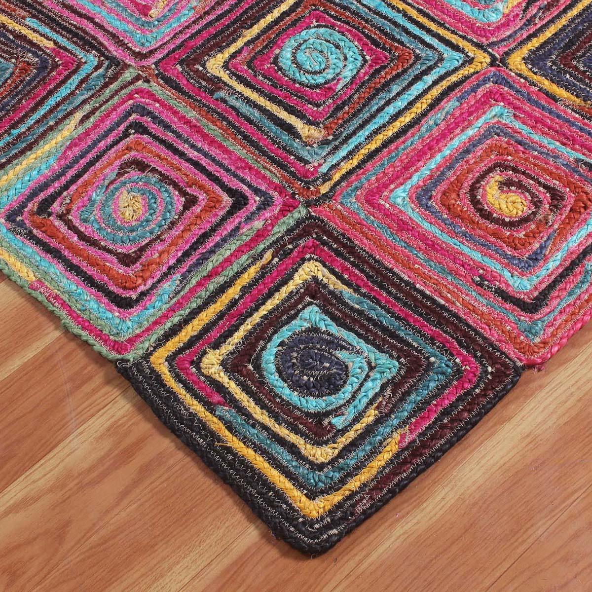 Geometric Hand Braded Multicolor Farmhouse Jute Rug - Indian Rug Store