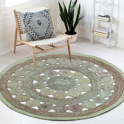 Hand Braided Beige Green Home Decor Geometrical Jute Rug - Indian Rug Store