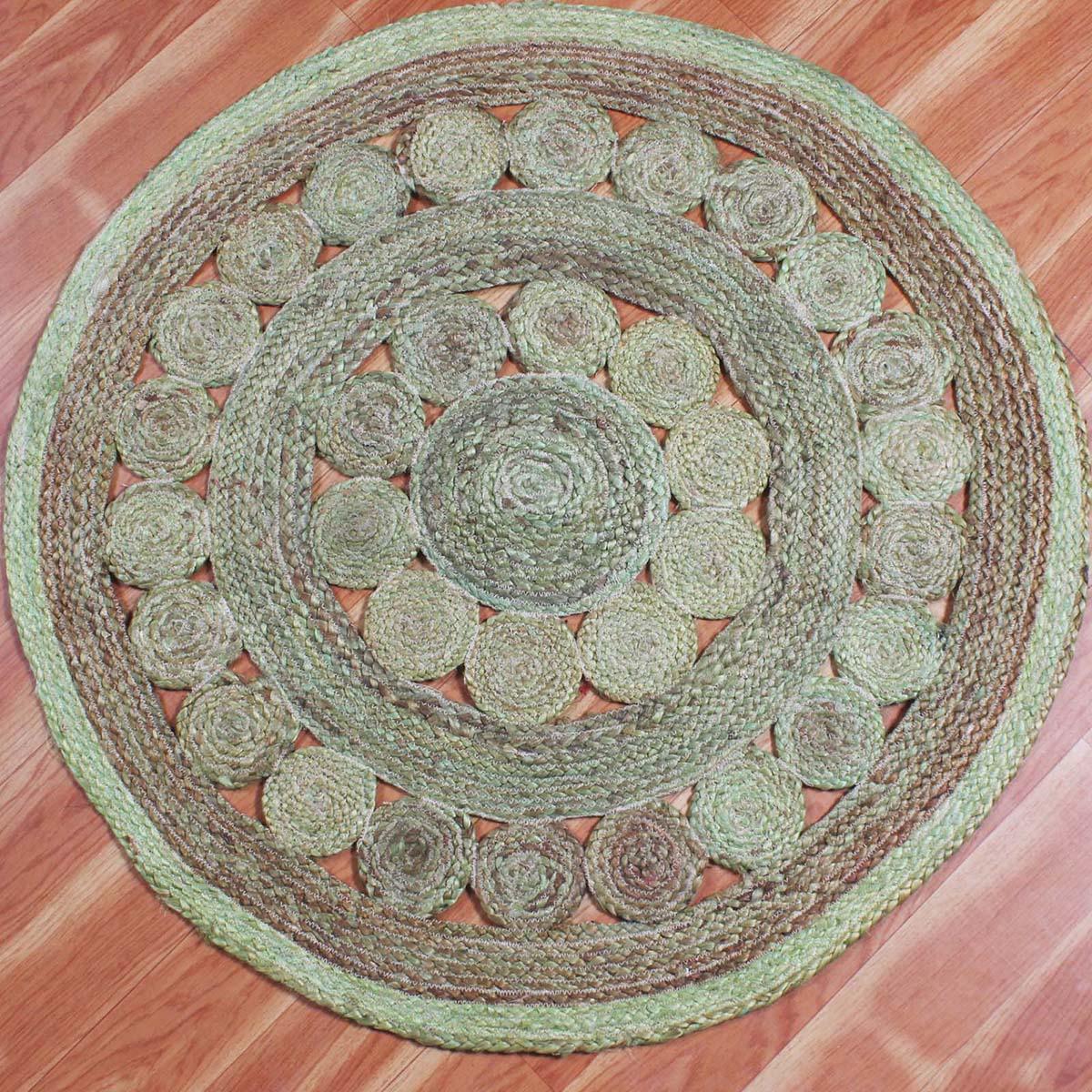 Hand Braided Beige Green Home Decor Geometrical Jute Rug - Indian Rug Store