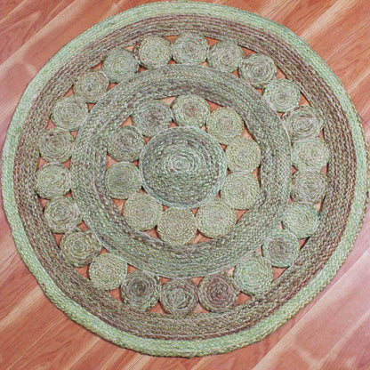 Hand Braided Beige Green Home Decor Geometrical Jute Rug - Indian Rug Store