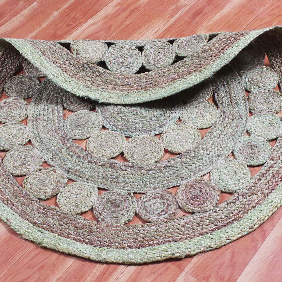 Hand Braided Beige Green Home Decor Geometrical Jute Rug - Indian Rug Store