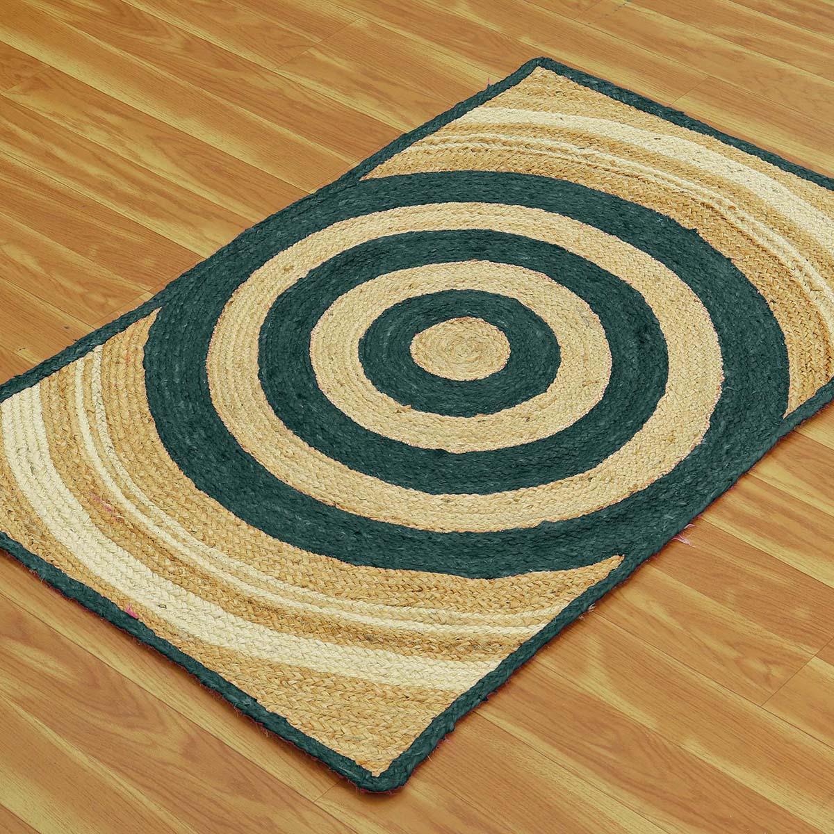 Geometric Hand Braided Beige Green Hallway Runner Jute Rug - Indian Rug Store