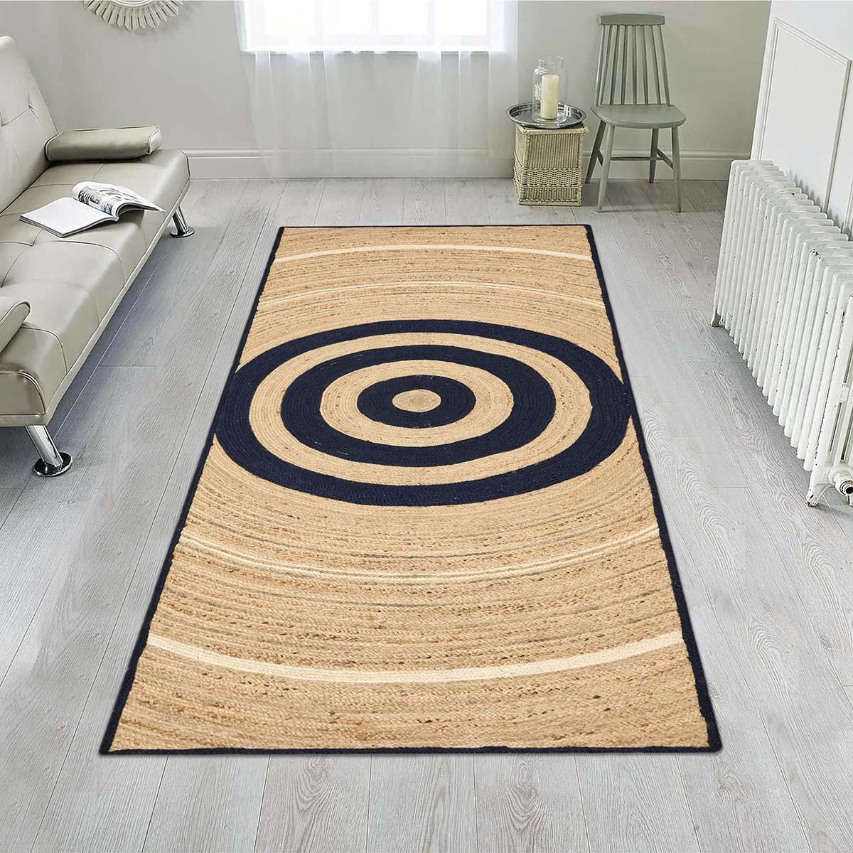 Hand Braided Geometric Beige Blue Farmhouse Jute Rug - Indian Rug Store