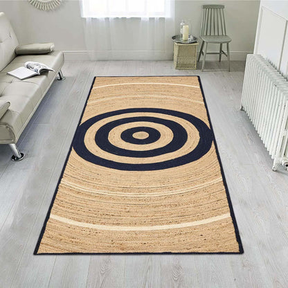 Hand Braided Geometric Beige Blue Farmhouse Jute Rug - Indian Rug Store