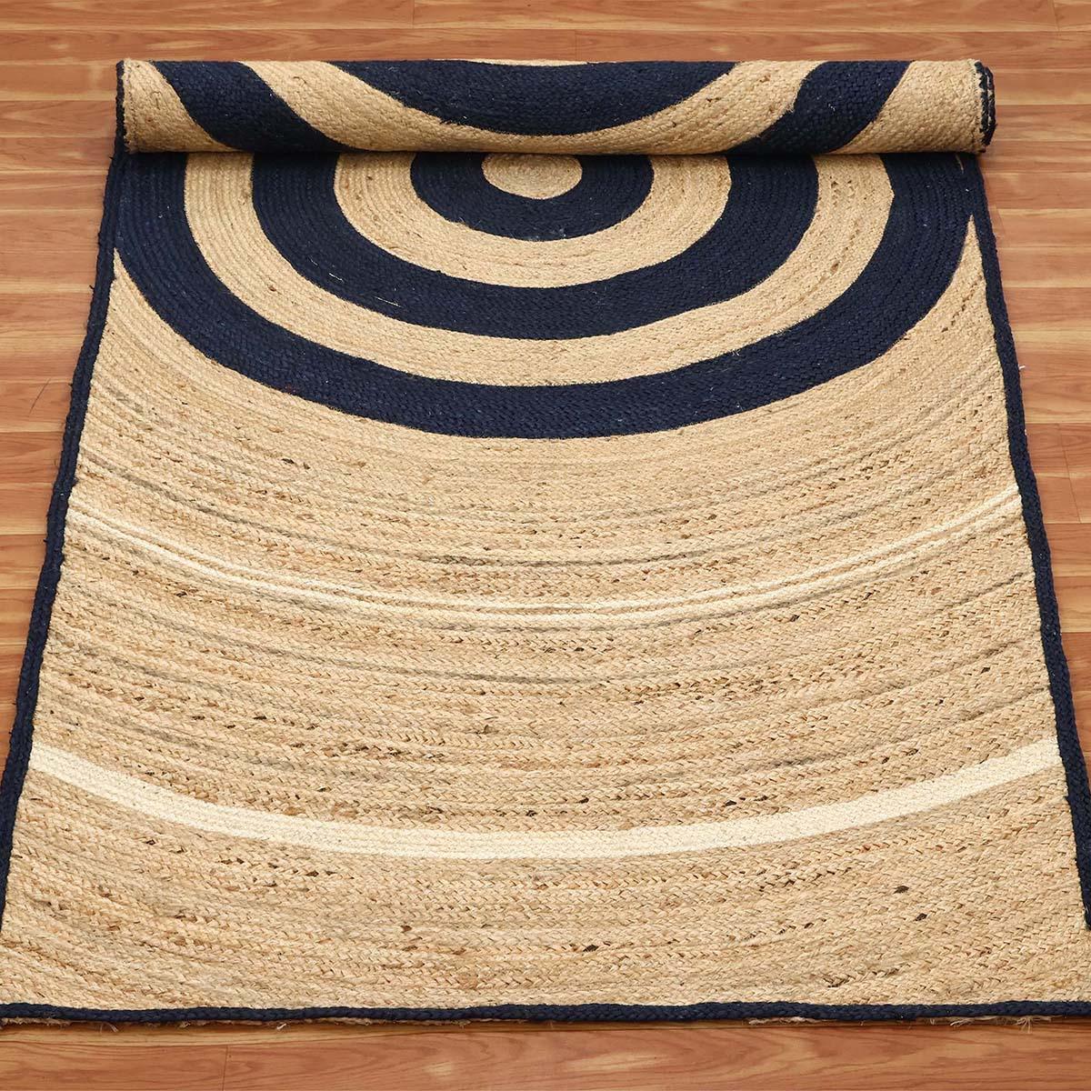 Hand Braided Geometric Beige Blue Farmhouse Jute Rug - Indian Rug Store